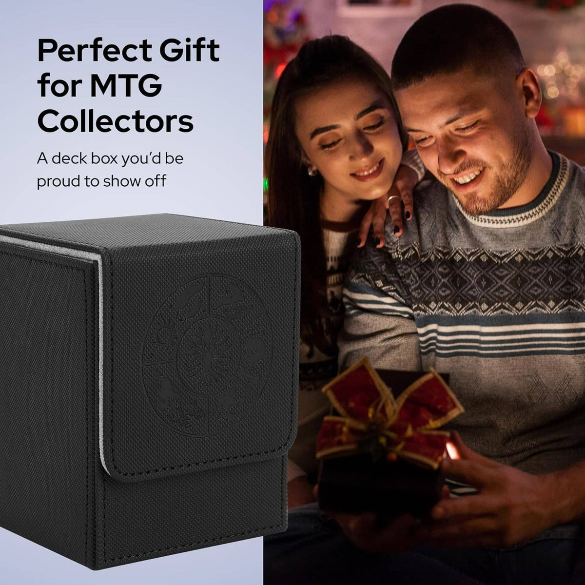 Black textured card deck box with magnetic snap flap and stitched front pocket