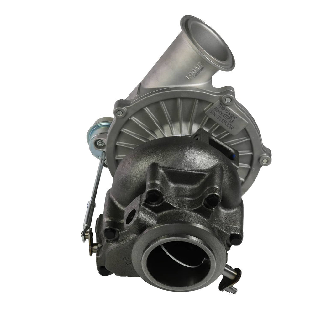 Turbocharger with black turbine housing and silver compressor housing, inlet/outlet ports
