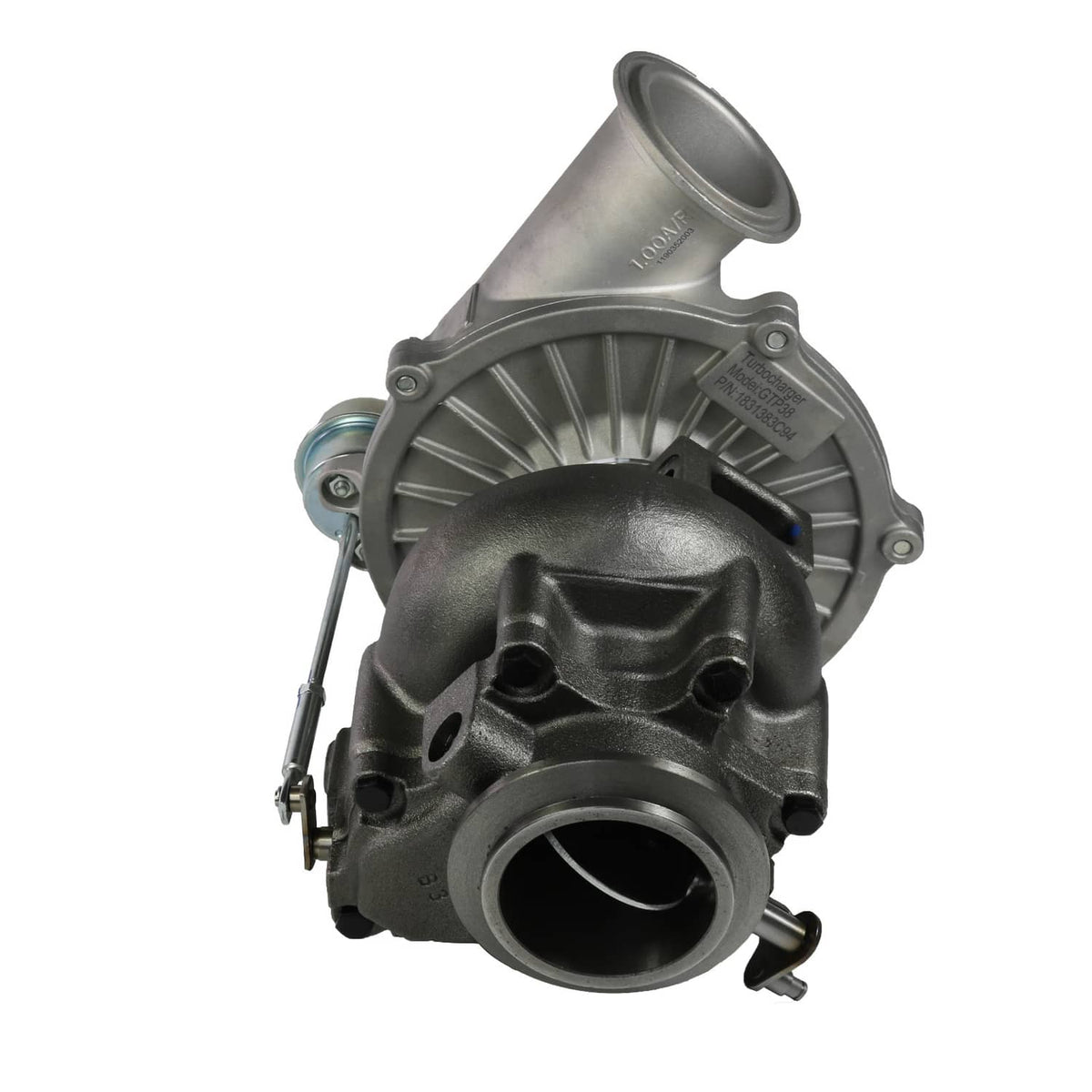 Turbocharger with black turbine housing and silver compressor housing, inlet/outlet ports