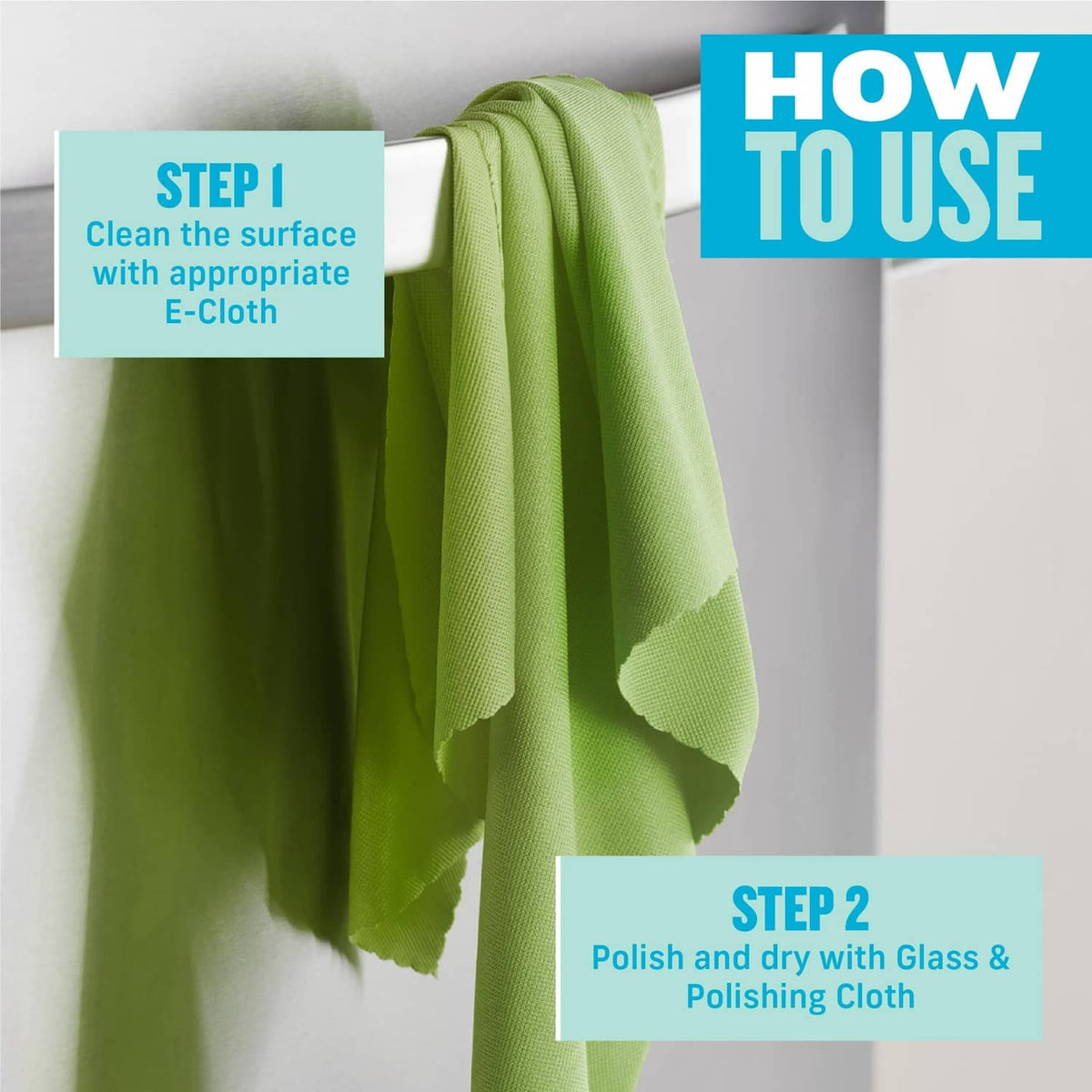 E-Cloth microfiber cleaning cloth, green folded cloth hanging for polishing
