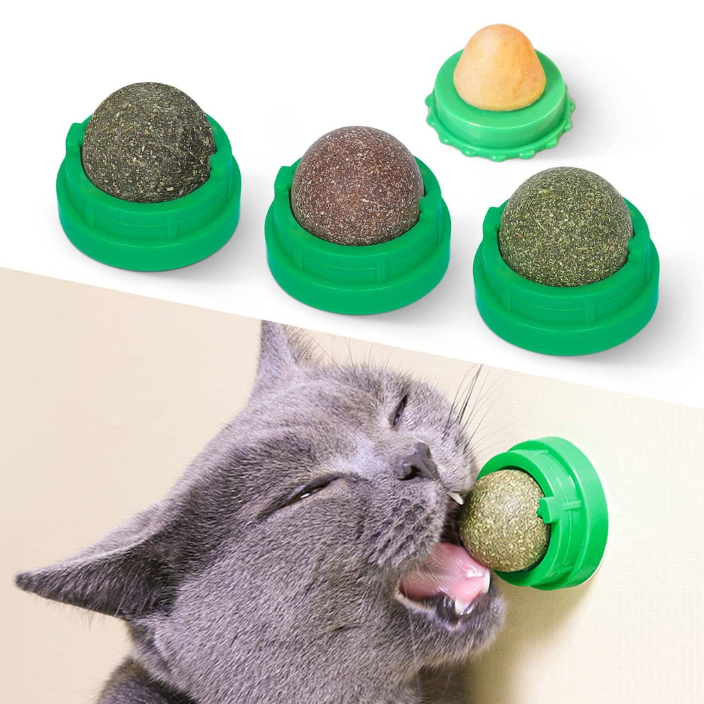 Set of 4 catnip toy balls with textured tops in green rotating bases