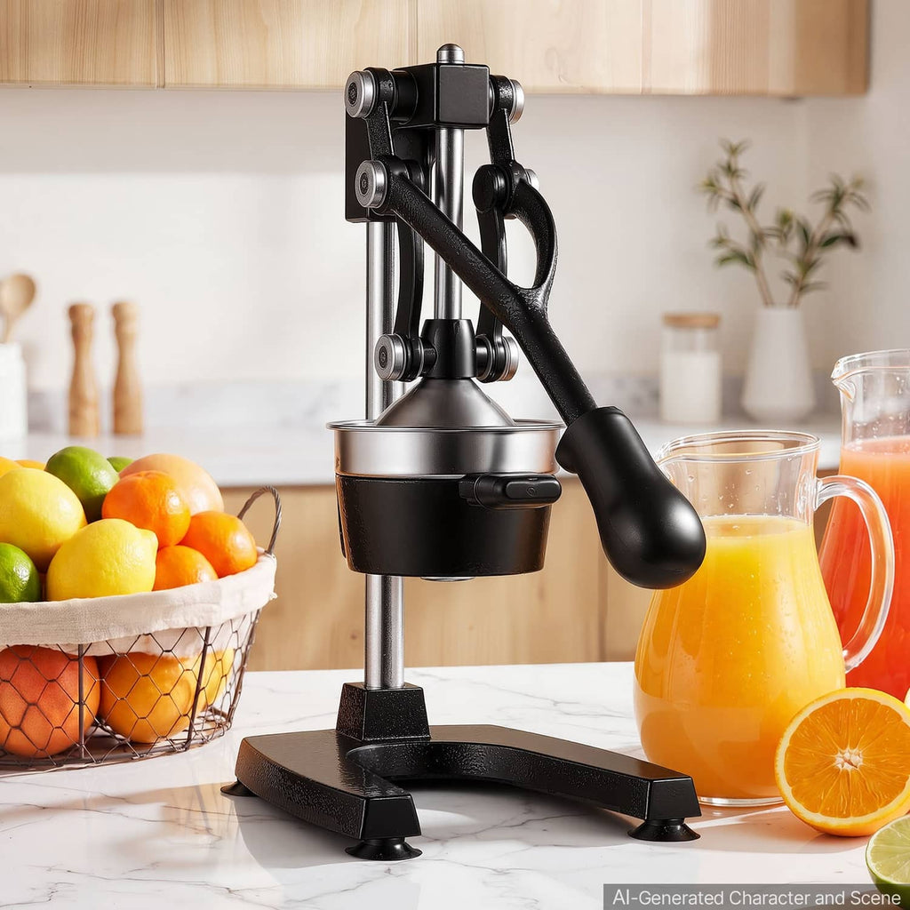 Manual citrus juicer press with black lever and stainless steel container on base
