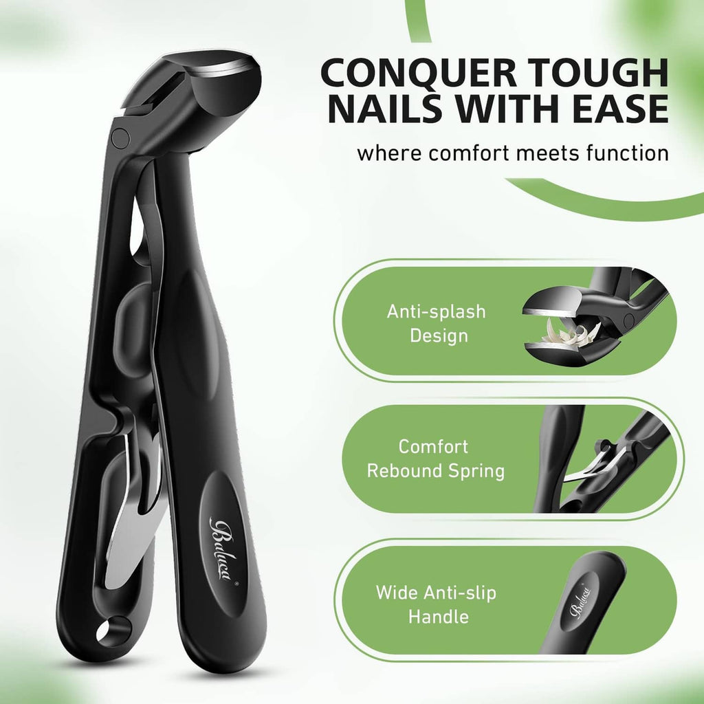 Black ergonomic toenail clipper with anti-splash design and wide anti-slip handle