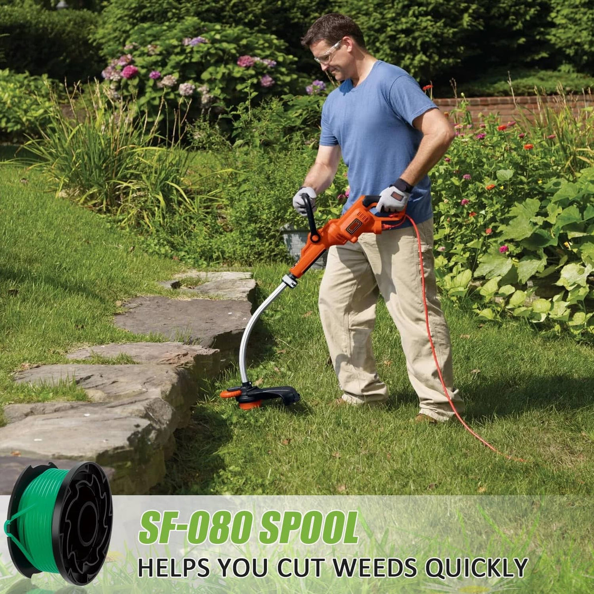 Green trimmer line spool line on trimmer while cutting yard weeds
