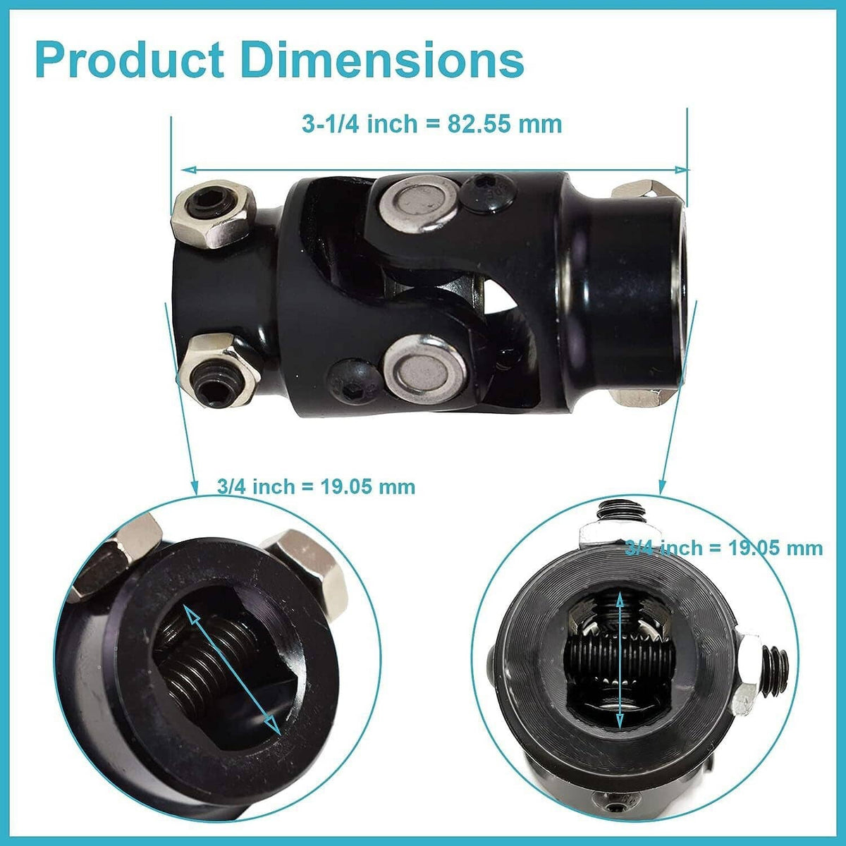 Universal steering U-joint shaft shown with product dimensions and splined connection