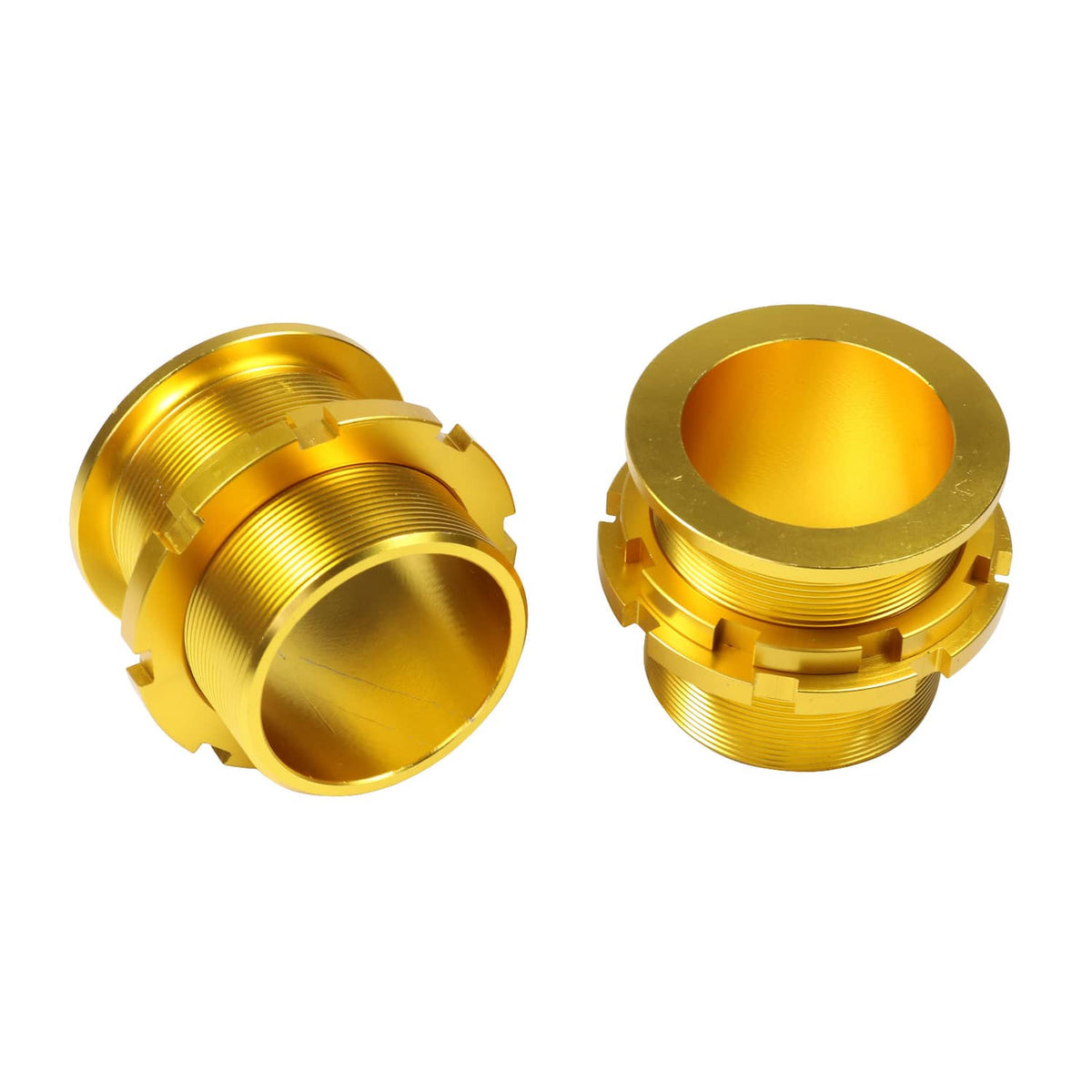 Gold threaded coilover adjustment sleeves with circular mounting faces