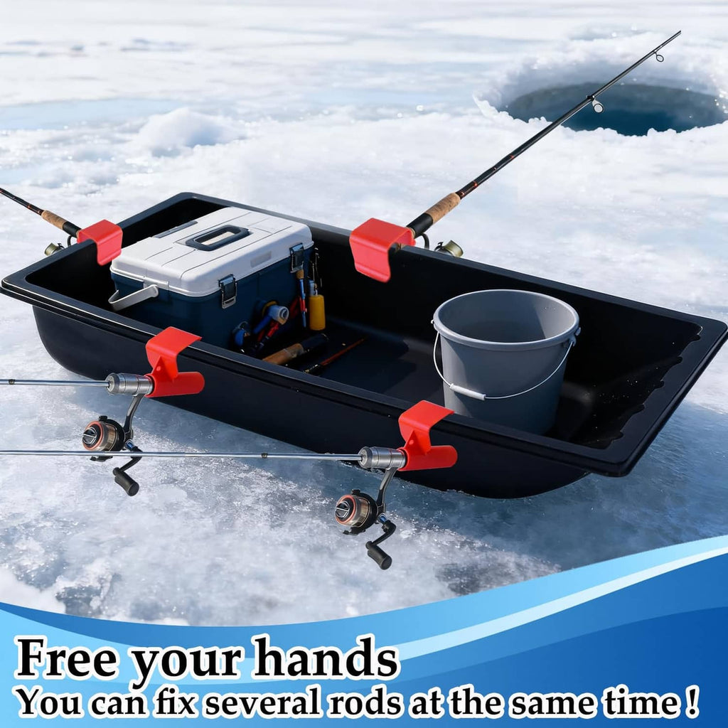 Two red ice fishing sled rod holders mounted on a black sled deck