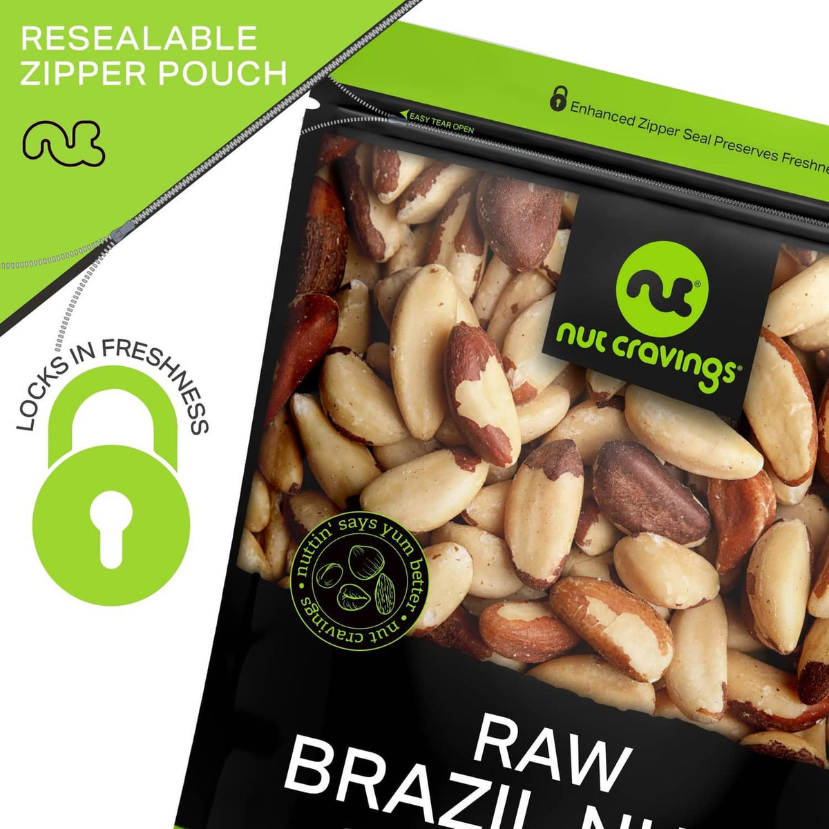 Resealable zipper pouch of raw Brazil nuts with shelled nut mix visible