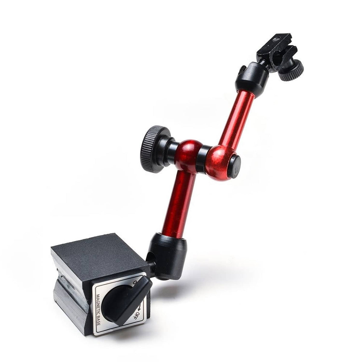 Adjustable magnetic base dial holder with red arm, black clamps, and cube base