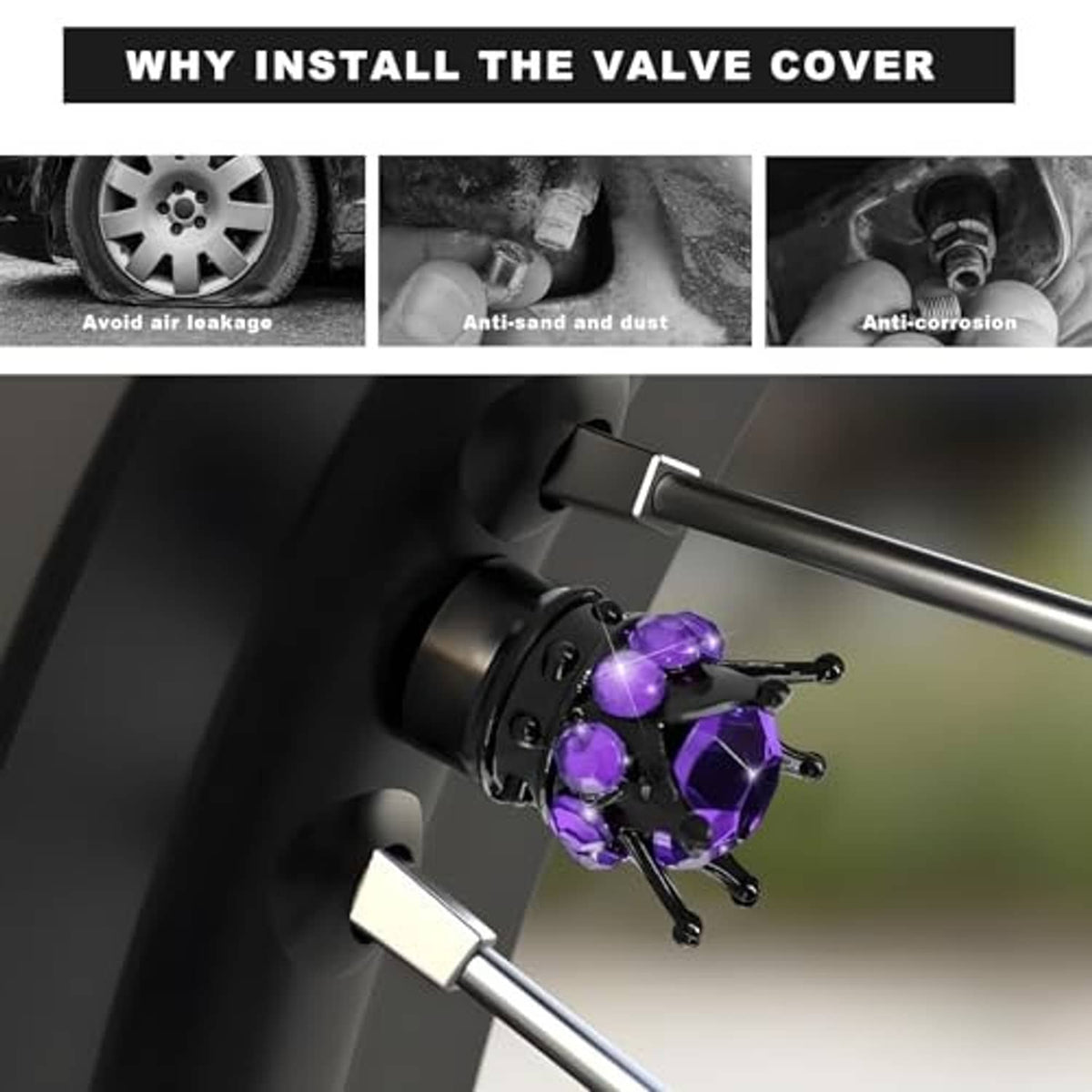 Purple gem crown tire valve stem cap on black valve stem, secure protective tire cover