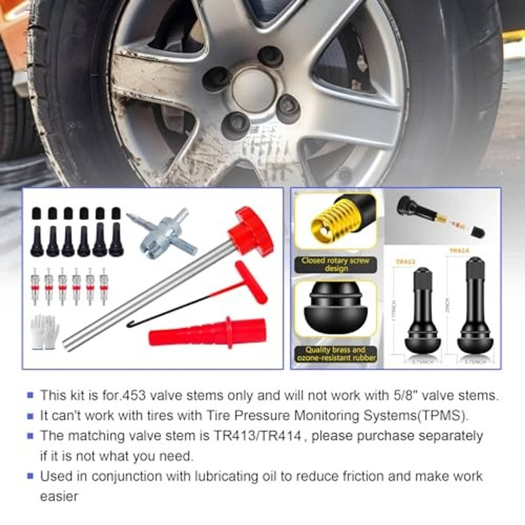 Tire valve stem core replacement kit with metal rods, red sleeves, and valve cores