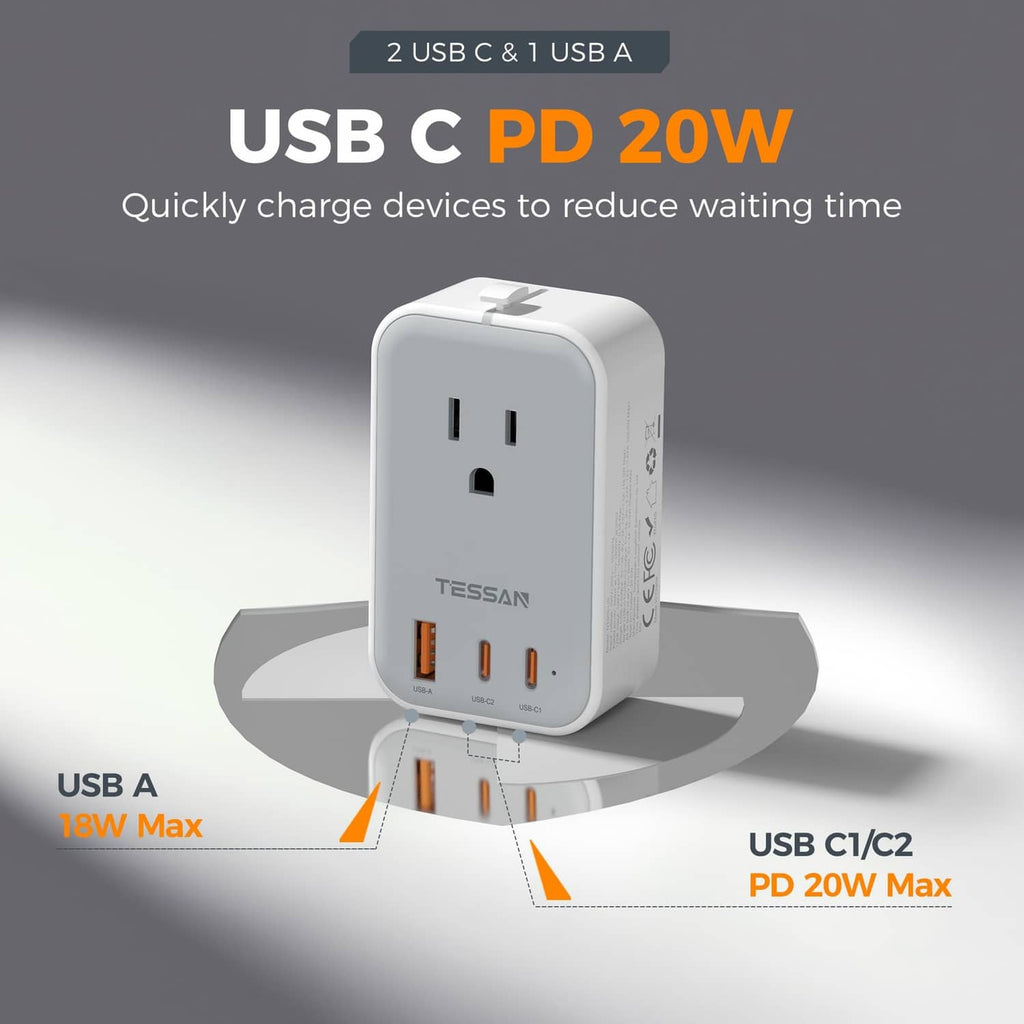 White travel adapter with USB-C PD 20W and USB-A 18W max ports