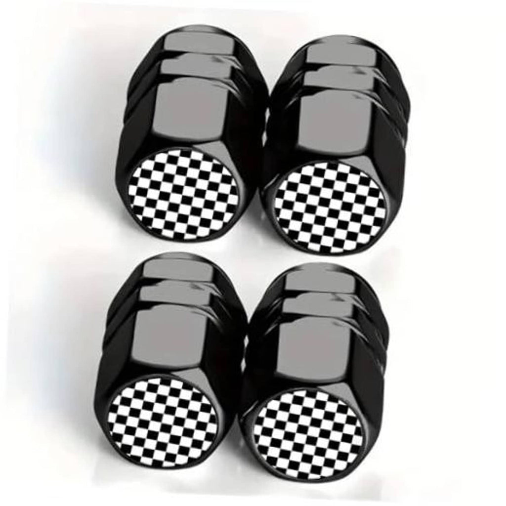 Set of four black tire valve stem caps with checkered logo bands