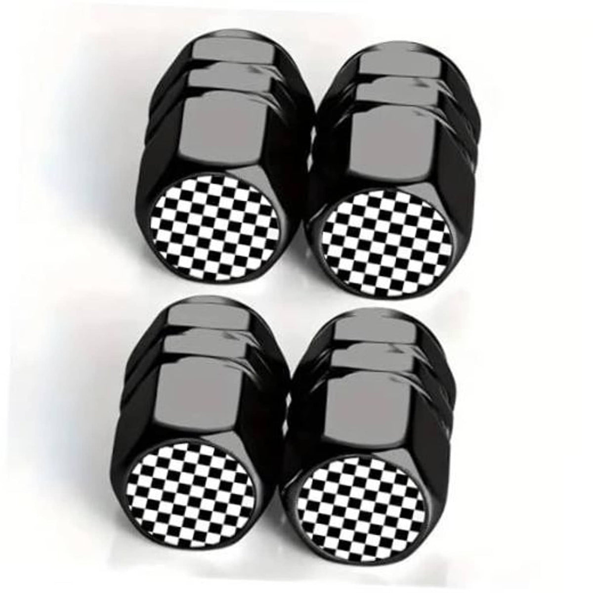Set of four black tire valve stem caps with checkered logo bands