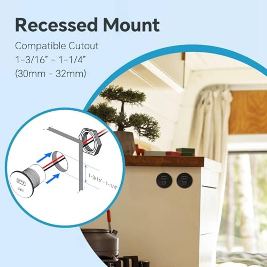 Round black recessed car charger mount with two USB ports, cutout size diagram style