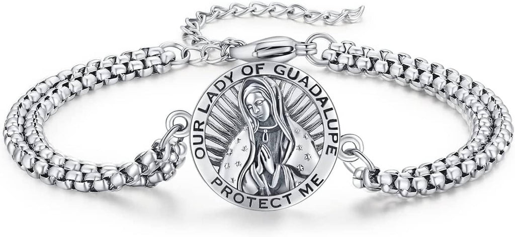 Silver-tone chain bracelet with circular Our Lady of Guadalupe protect-me medallion