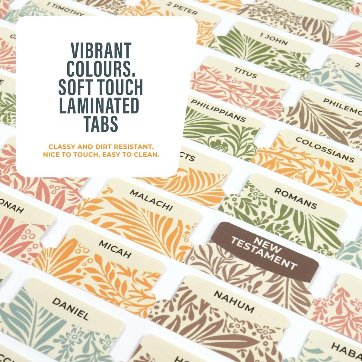 Vibrant laminated Bible book tabs with soft-touch feel and section labels
