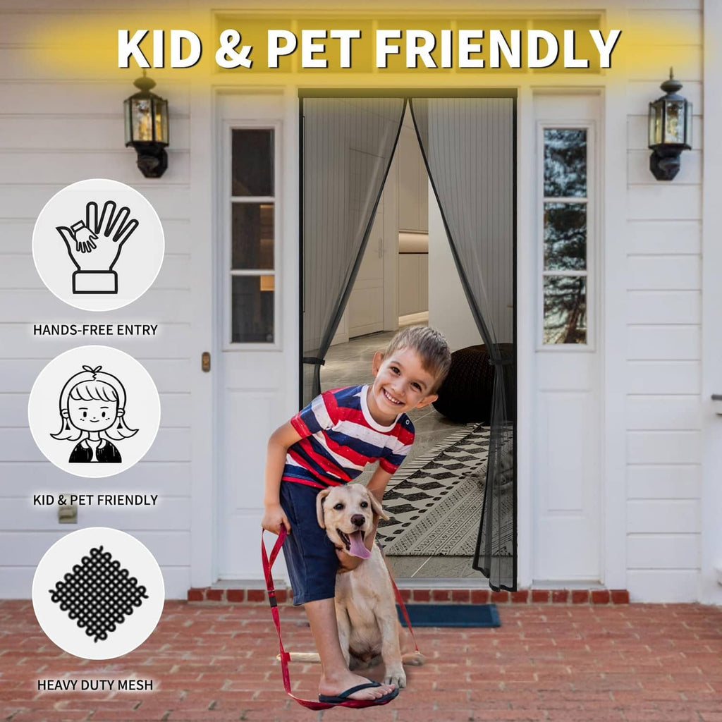 Black magnetic screen door with two mesh panels for kid and pet entry