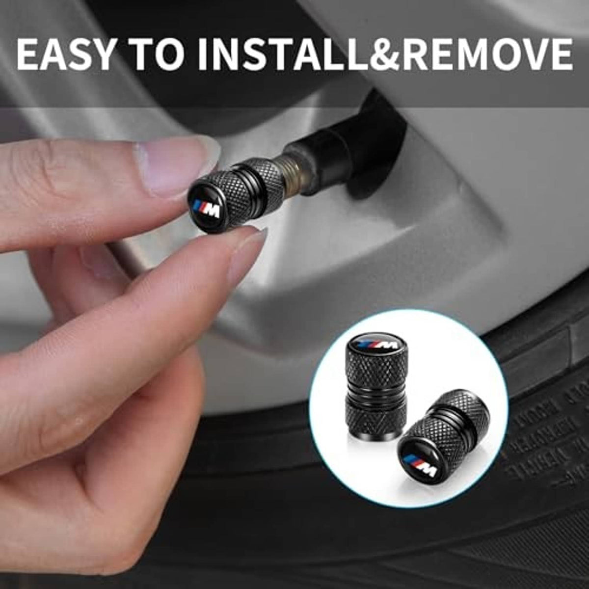 Black knurled valve stem cap with M logo being installed on tire valve