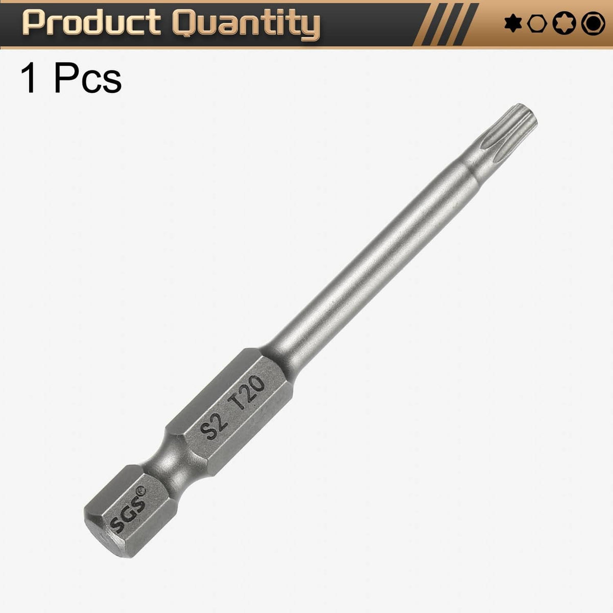 Gray Torx T20 screwdriver bit with hex shank, angled view