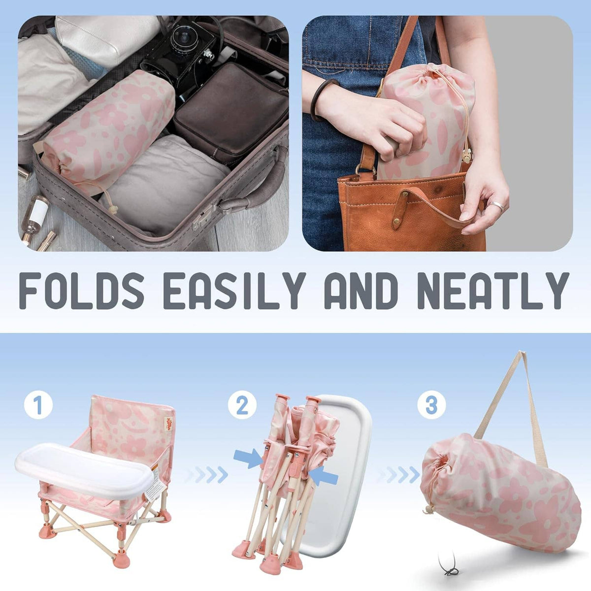 Foldable pink portable baby chair with compact storage and carrying straps