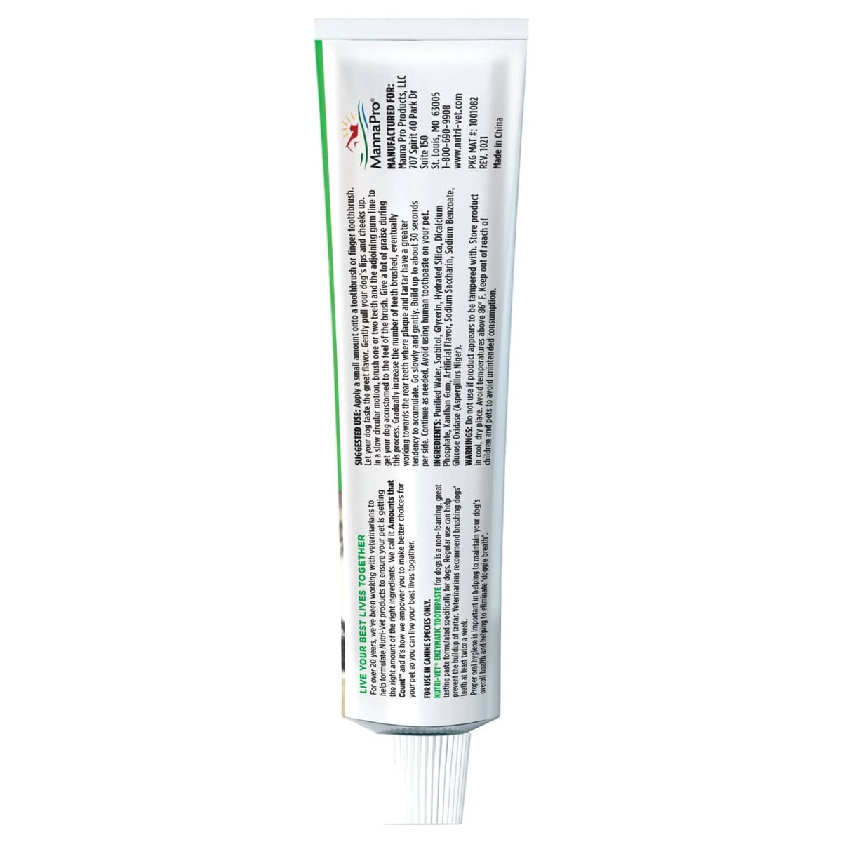 Enzymatic dog toothpaste tube showing back label and ingredient text