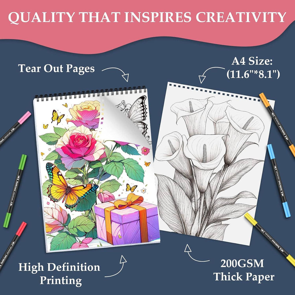 Adult coloring book with floral and butterfly pages, one colored and one pencil outline