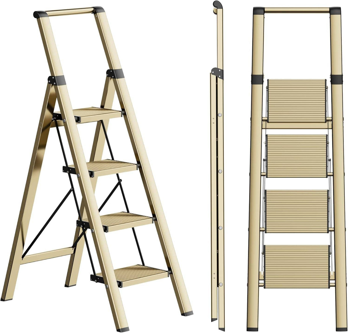 4-step folding step ladder stool, side view plus narrow folded profile with striped pedals