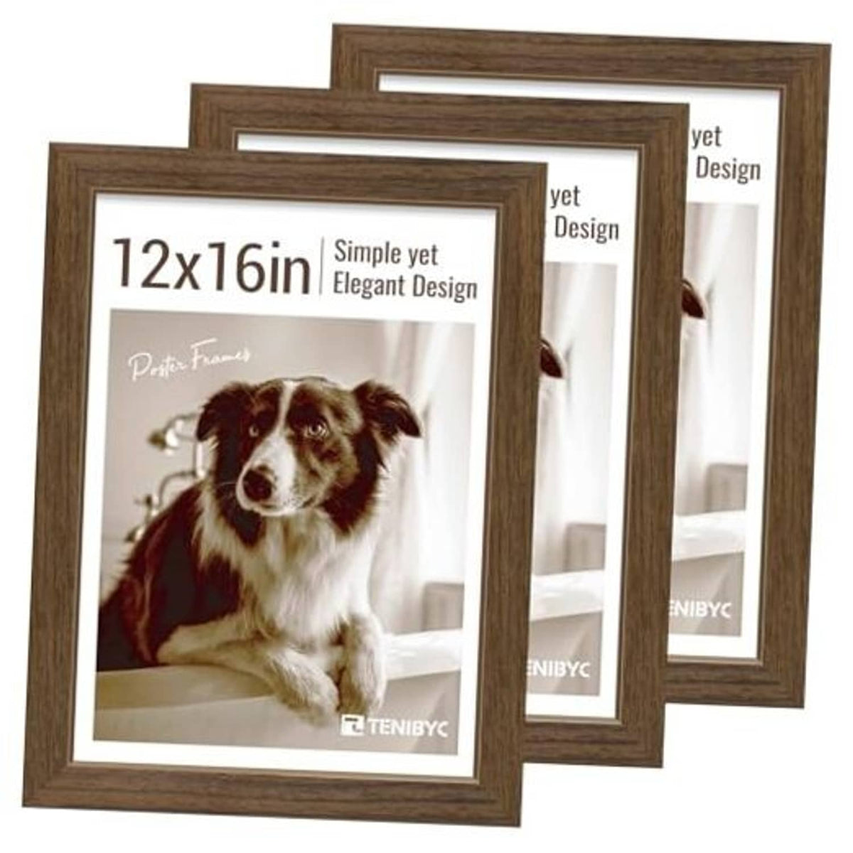 Brown woodgrain 12x16 picture frames, three-pack, with HD tempered glass front view