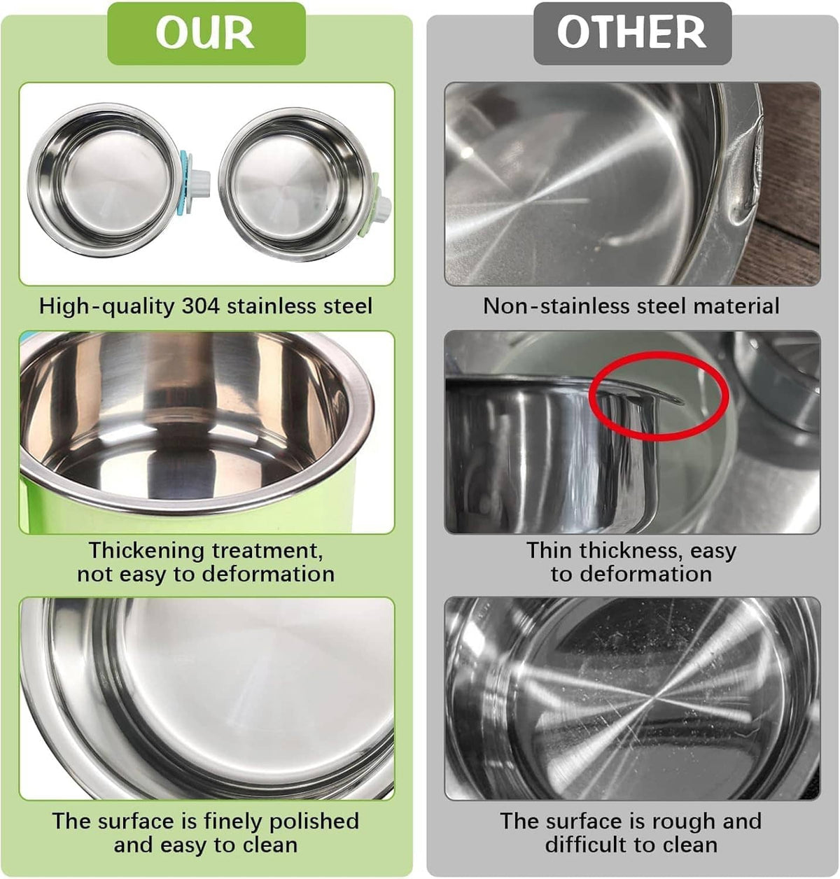 Two stainless steel bowls with polished interior finish for pet food and water