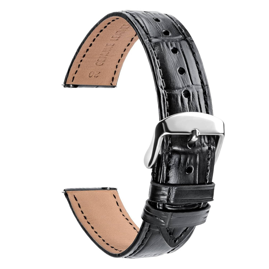 Black leather T-strap watch band with silver buckle clasp and adjustment holes