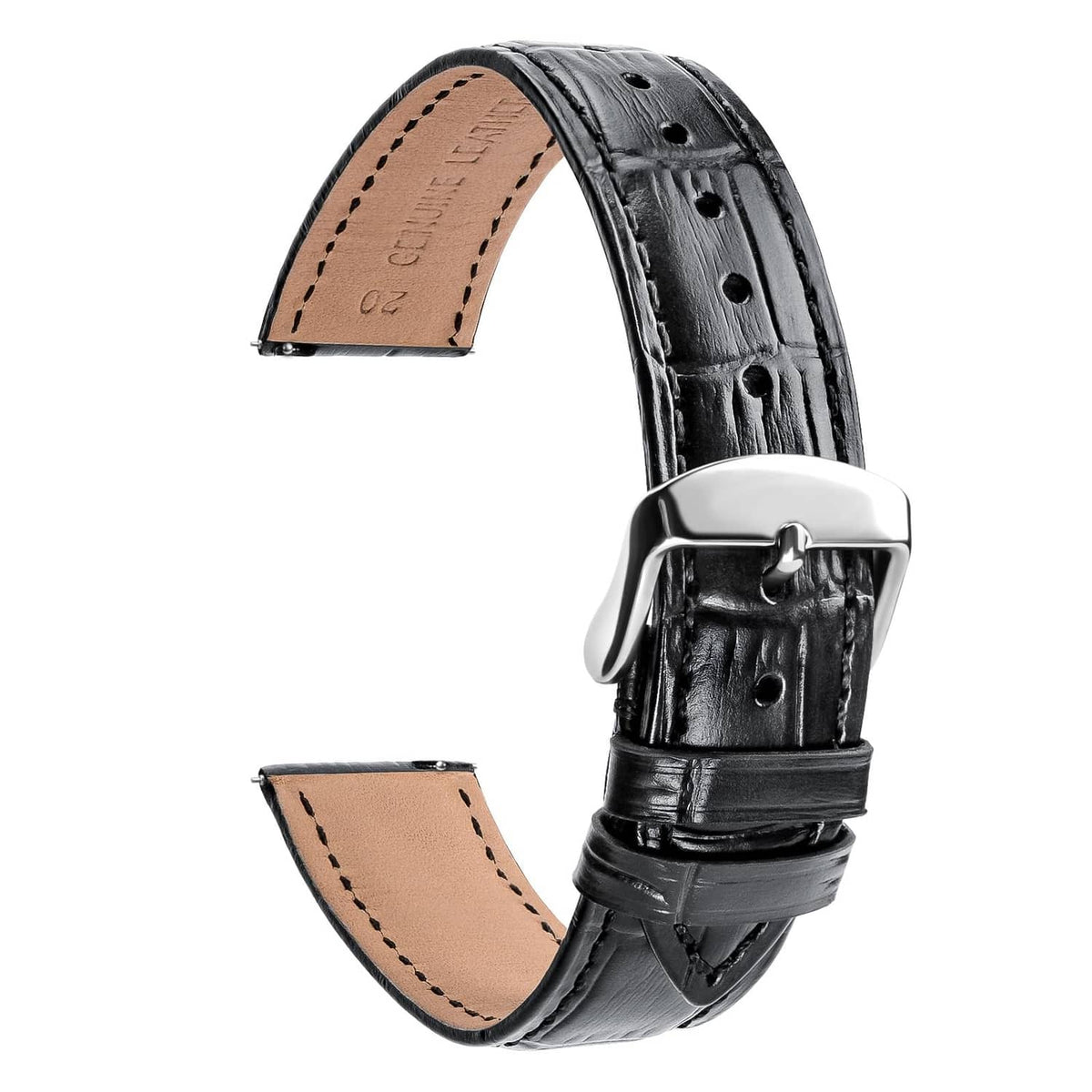Black leather T-strap watch band with silver buckle clasp and adjustment holes