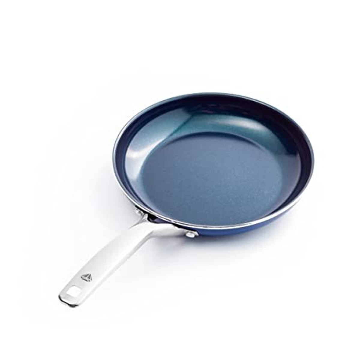 10-inch blue nonstick frying pan skillet with silver handle and speckled interior