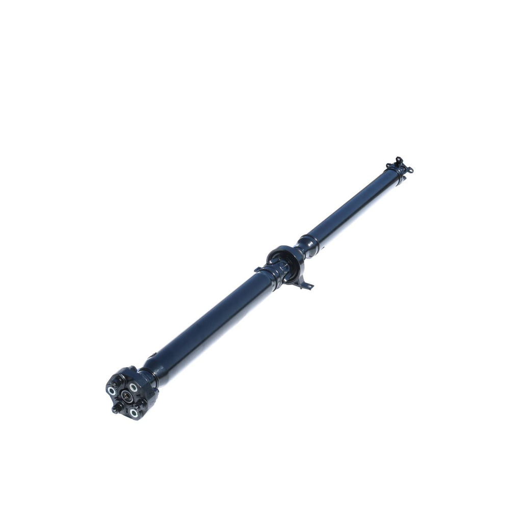 Rear drive shaft assembly with yokes at both ends and center coupling, dark blue steel