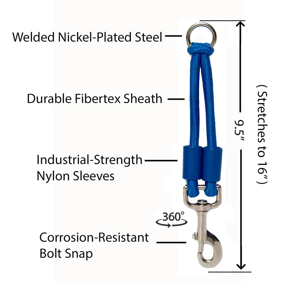 Blue bungee leash extension with welded nickel-plated steel snap, nylon sleeves