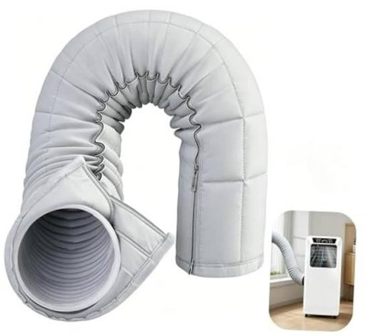 Portable AC hose insulation cover, light gray padded arch with zipper opening
