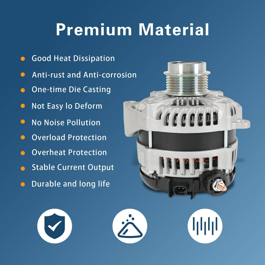 Alternator with silver top outlet and vented casing, black back cover