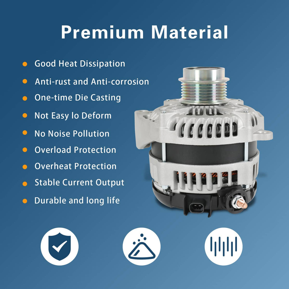 Alternator with silver top outlet and vented casing, black back cover