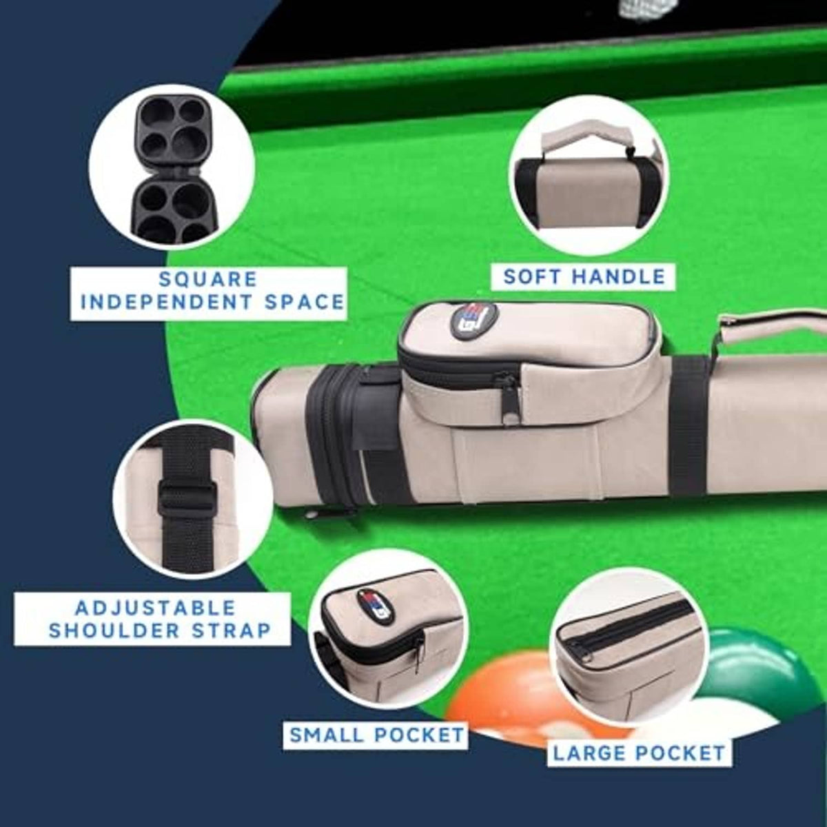 Beige pool cue case with adjustable shoulder strap and small and large side pockets