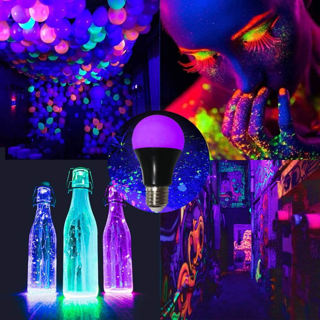 A19 E26 UV LED blacklight bulb with purple glow, two bulbs shown
