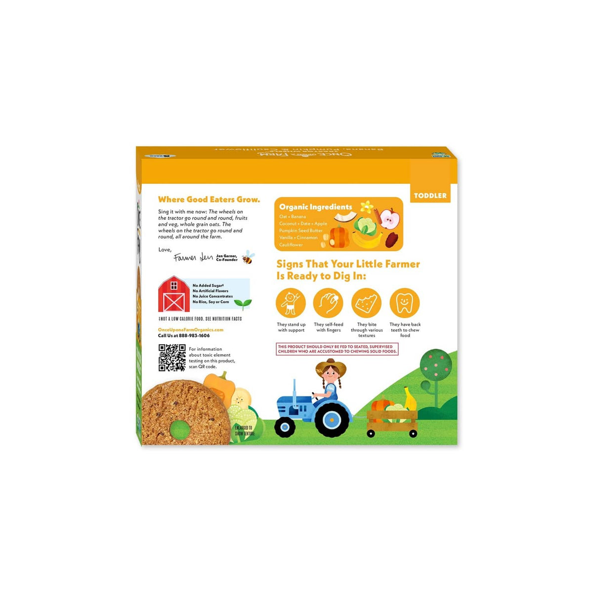 Once Upon A Farm organic toddler banana soft-baked bar package back panel.