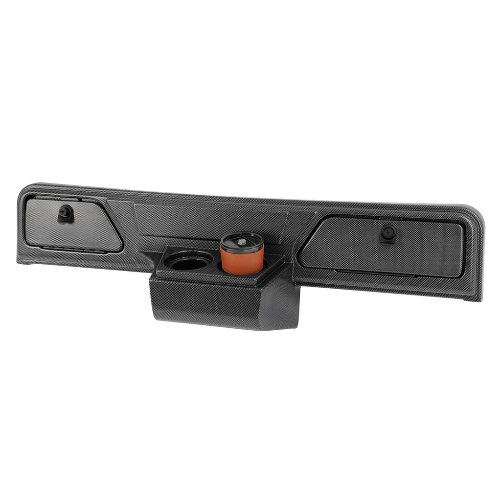 Carbon fiber-style dashboard dash cover with cup openings and two rectangular side storage doors