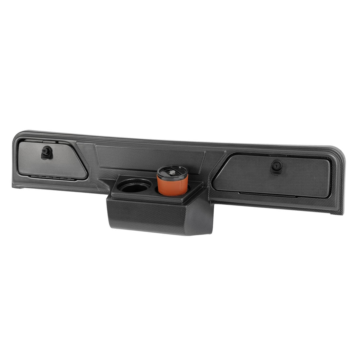 Carbon fiber-style dashboard dash cover with cup openings and two rectangular side storage doors
