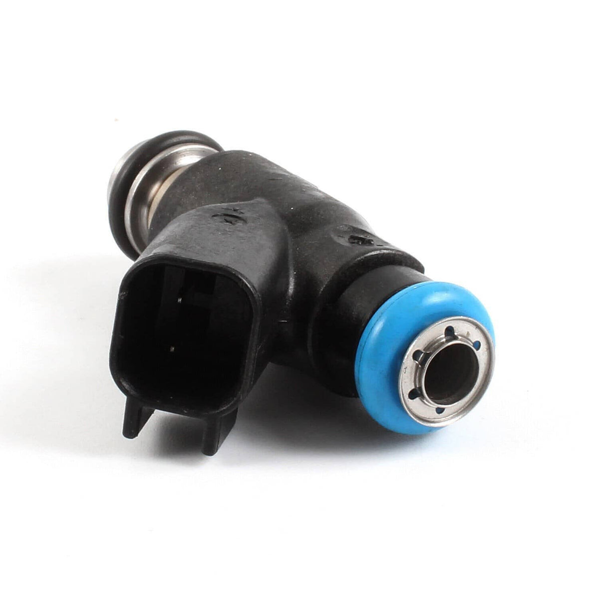 Black fuel injector with blue connector ring and open electrical port