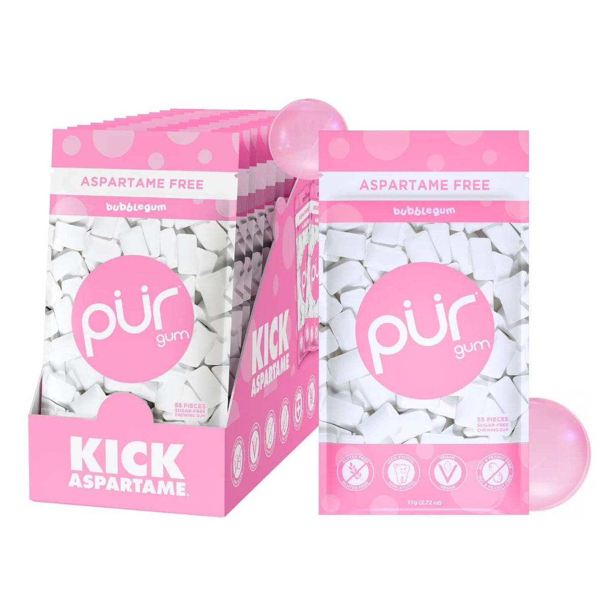 PUR bubblegum gum multipack with aspartame-free pink KICK ASPARTAME packaging