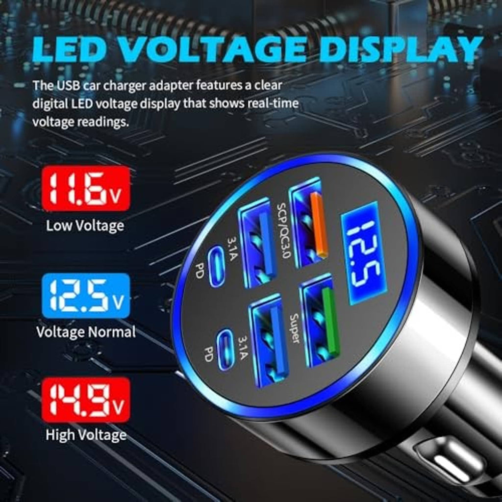 Car charger adapter with LED voltage display and illuminated USB charging ports