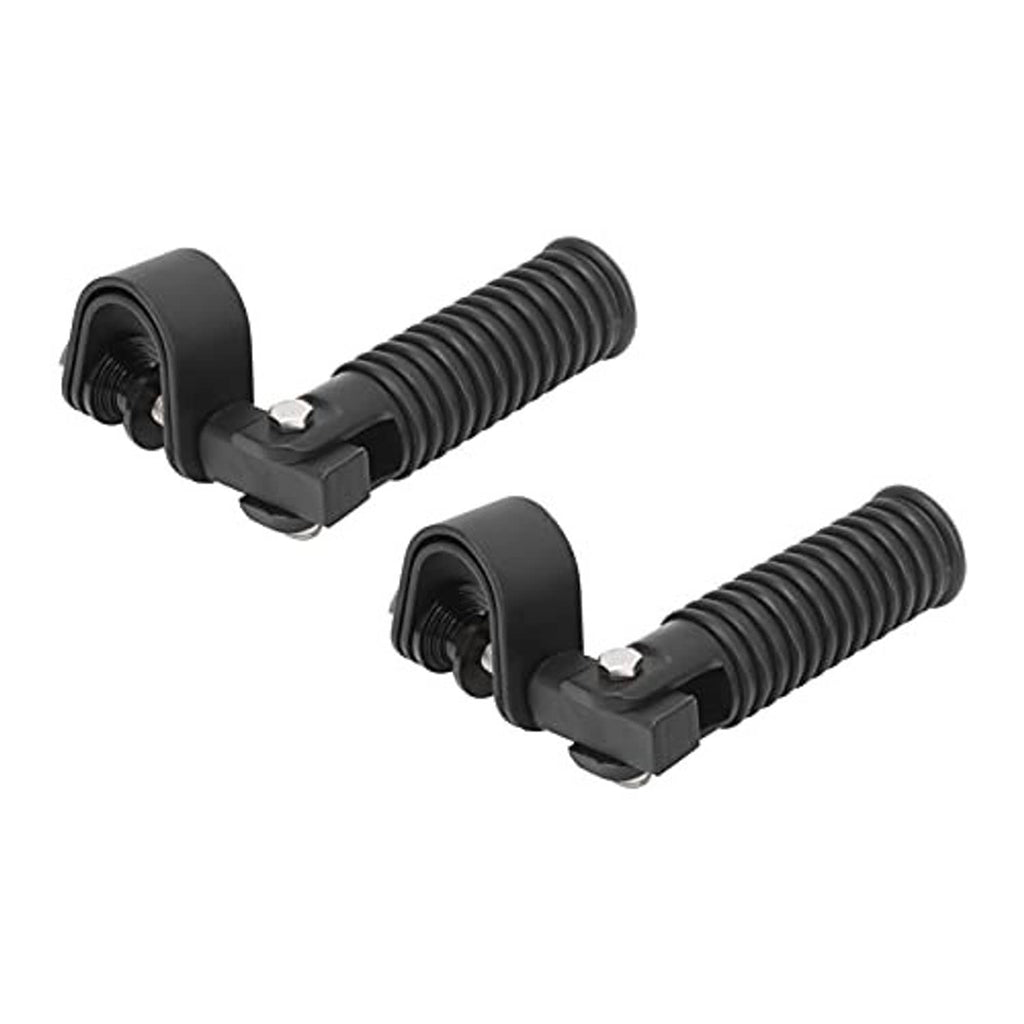 Set of black motorcycle foot pegs with ribbed pads and bar-mount clamp brackets