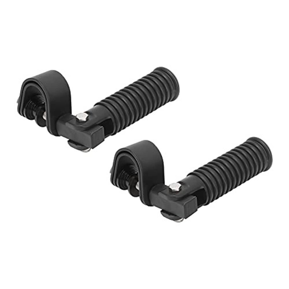 Set of black motorcycle foot pegs with ribbed pads and bar-mount clamp brackets