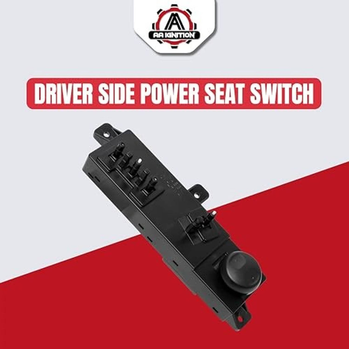 Black driver-side power seat switch module angled view with control knob
