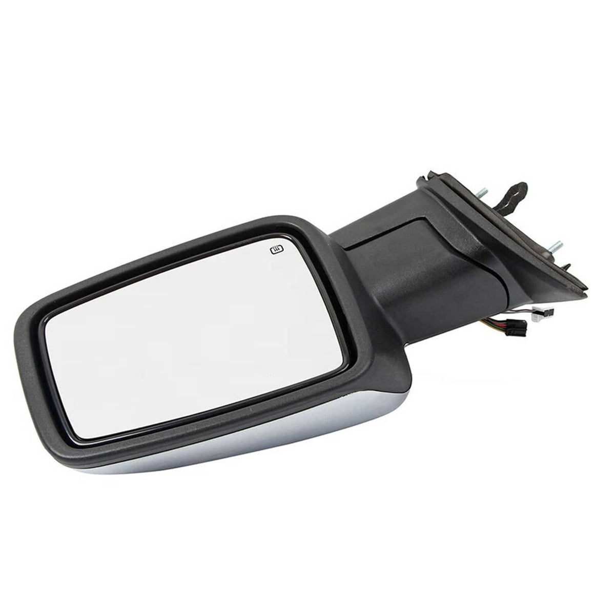 Heated left side mirror with black frame and connector wires at the back